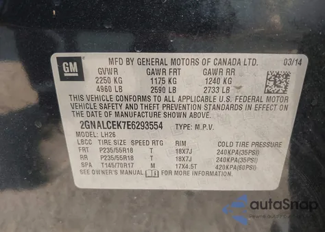 2014 Chevrolet Equinox 2Lt from USA, damaged, VIN 2GNALCEK7E6293554